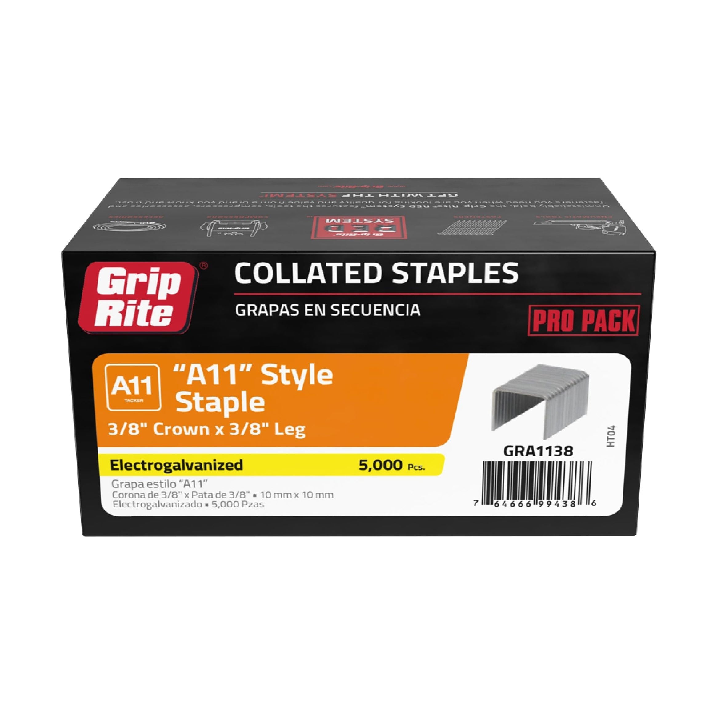 The GRIP-RITE GRA1138 pack offers 5,000 electrogalvanized A11-style tacker staples, ideal for insulation installation. Dimensions are 3/8 crown x 3/8 leg. Packaged in a black, red, and white box with English and Spanish text.